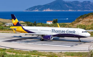 Thomas Cook Airbus A321 airplane at Skiathos airport (JSI) in Greece.