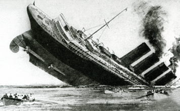Sinking of the ocean liner Lusitania (sketch from the English newspaper, May 1915)