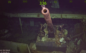 A five-inch gun from historic USS Hornet wreckage, which was discovered in January 2019 by the late Paul G. Allen's expedition crew aboard the Research Vessel Petrel. Photo courtesy of Paul G. Allen's Vulcan Inc.